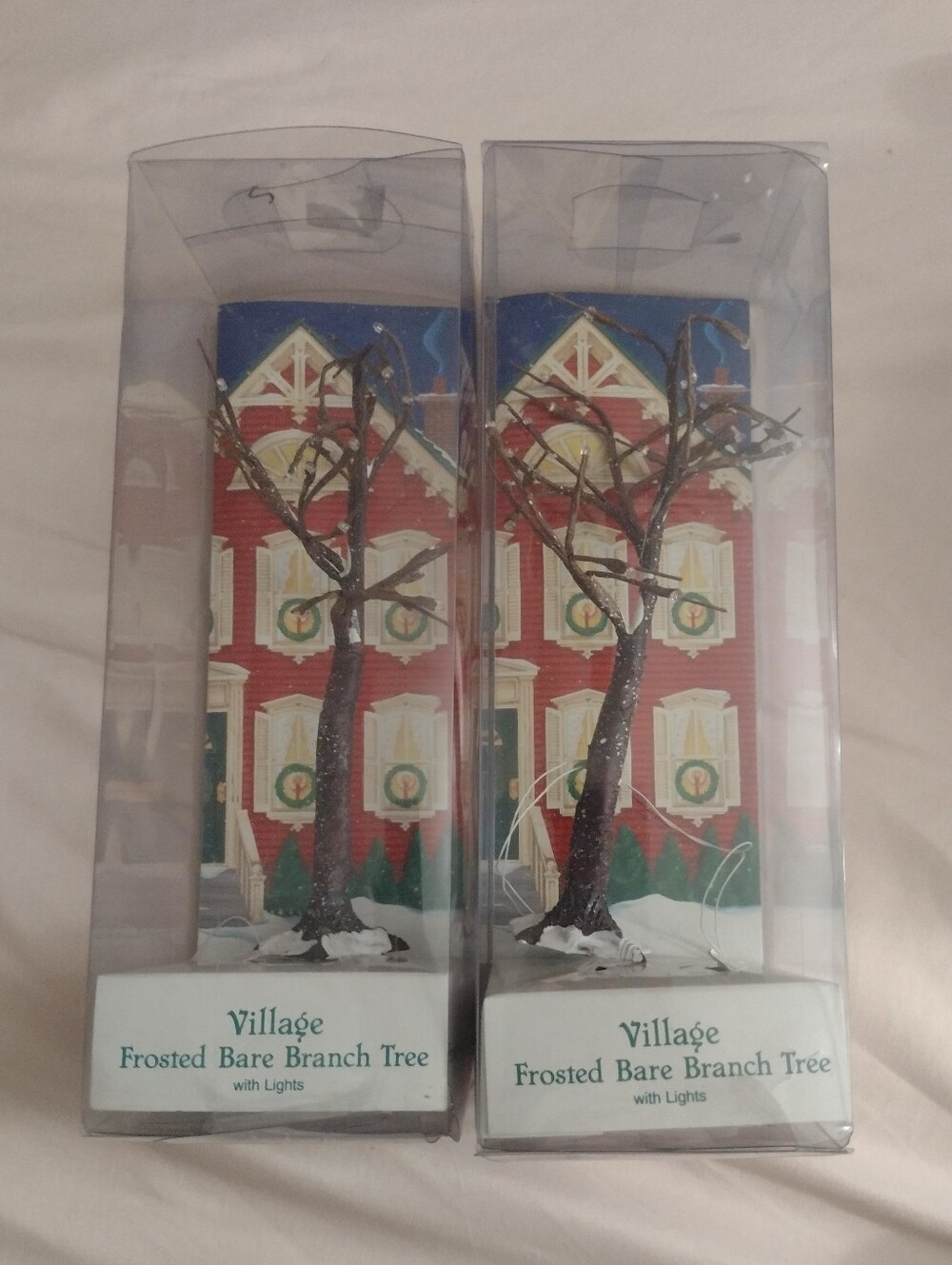 NIB Department 56 Christmas Village Frosted Bare Branch Tree W/ Lights Set Of 2